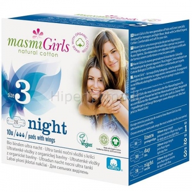 Paketai mergaitėms nakčiai labai ploni su sparneliais ekologiški Masmi Girls N10