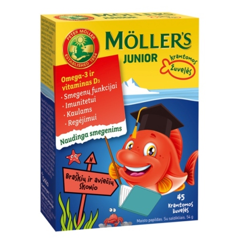 Maisto papildas Mollers žuvų taukai Junior braškių skonio, gelinės žuvelės N45