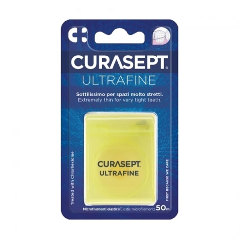 Tarpdančių siūlas CURASEPT Ultra Fine Unwaxed impregnuotas chlorheksidinu 50m
